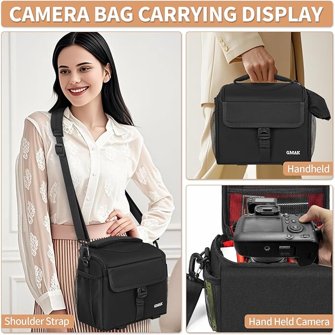 GMAK Waterproof Camera Bag for Photographers, Anti-shock Camera Shoulder Bags with Water-resistant Rain Cover, Camera Case Compatible for DSLR/SLR/Mirrorless Cameras, 9'' × 4.7'' × 7.5'', Black