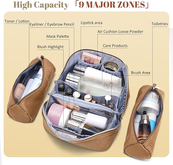 BOYATU Travel Makeup Bags for Women: Vintage Roman Column Texture Large Capacity Cosmetic Bag - Each Journey, Quiet Luxury Serenity - 3 Pcs Set Organizer Toiletry Purse 50% Extra Storage(Brown)
