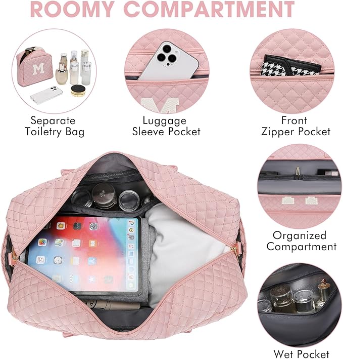 Initial Travel Duffle Bag for Women - Pink Personalized Weekender bags Overnight Bag with Shoe Compartment & Wet Pocket Weekend Tote Bags with Toiletry Bag Monogram Xmas Gifts (Letter M)