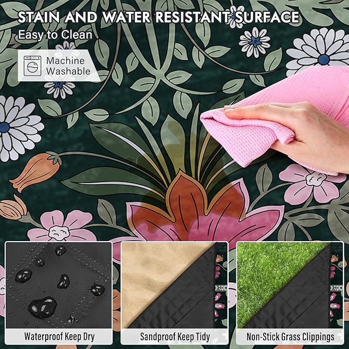 Floral Picnic Blankets Waterproof Foldable, 80″X80″ Extra Large Picnic Mat Boho Outdoor Blanket for Grass, Dark Packable Beach Blanket Sandproof Picnic Accessories for Camping Music Festival Park Lawn
