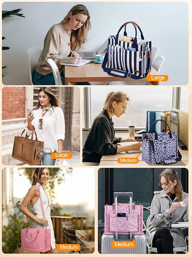 FIORETTO Womens Canvas Tote Bag Purse with Individual Compartment, Zipper Top, Reinforced Bottom & Luggage Sleeve