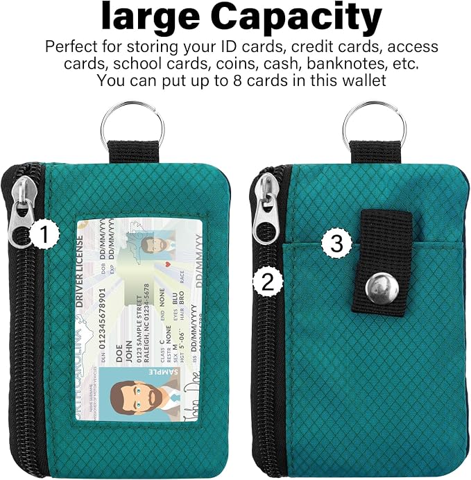 Minimalist Small Wallet for Men Women with 2 Zip Pockets, Multi Functional ID Case with Keychain and Card Holder, Coin Purse Badge Lanyard Pouch for Boys Girls Travel - Peacock Blue