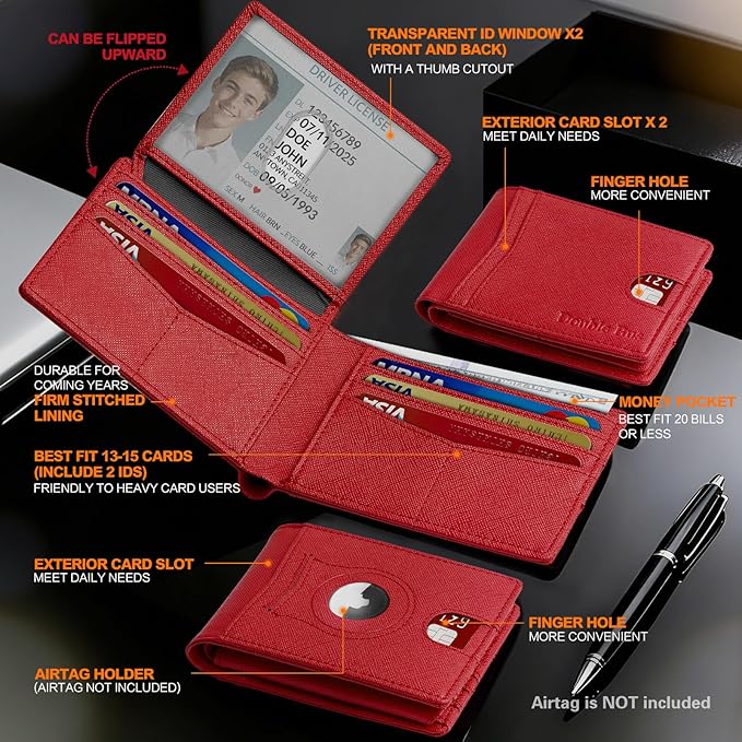 Wallet for Men Slim RFID Blocking Bifold Carbon Fiber,Minimalist Small Compact Front Pocket Credit Card Holder,Thin Mens Leather Wallets Smart Security With 2 ID windows 1 Cash (Cross Red)