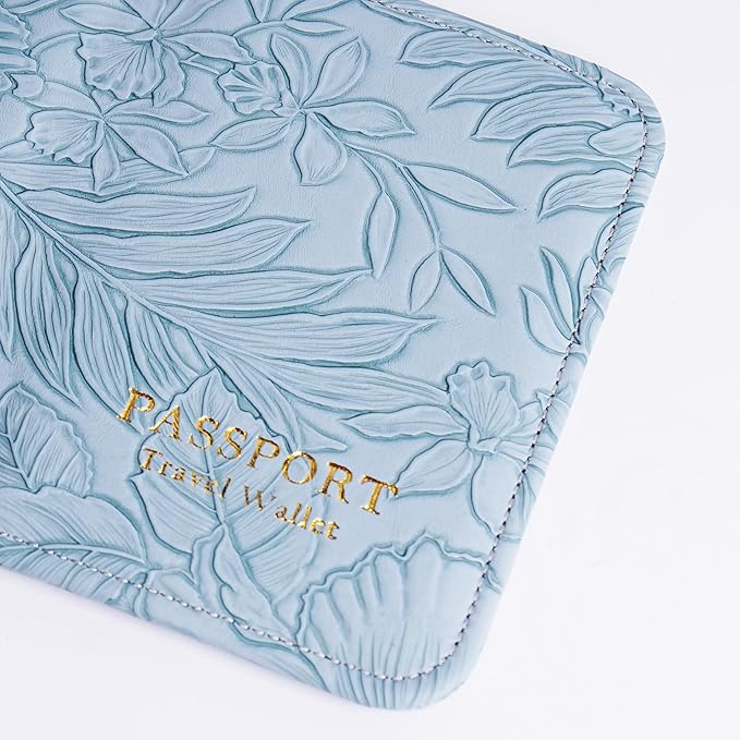 lizimandu Passport Holder with Airtag Slot, Airtag Passport Wallet for Men Women, Slim Leather Passport Holder Case Family for Travel Anti-Lost(1-Carved Light Blue)