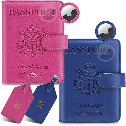 2 Pack Passport Holder For Travel with Slot for AirTag & Luggage Tag Cover – RFID Blocking Passport Holder for Travel Women/Men | PU Leather Passport Case with Pocket, Blue/Pink