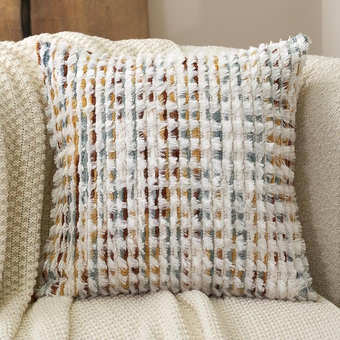 Aeckself Boho Chenille Tufted Pillow Cover 18 x 18 Inch, Decorative Square Throw Pillow Cover Neutral Pillowcase for Couch Bedroom Living Room, Orange White