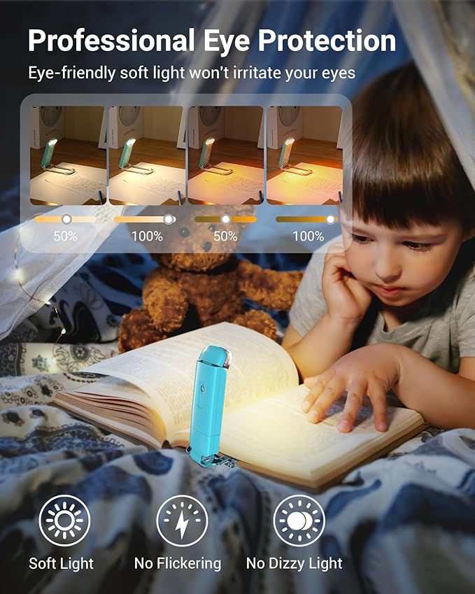 DEWENWILS Book Reading Light with Clip, USB rechargeble Booklight for Reading in Bed, Clip on Book Lamp, Brightness Adjustable, Sleep Aid Light, Warm White (Blue)
