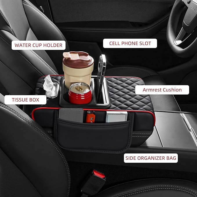 5 in 1 Car Center Console Cover, Armrest Pad with 2 Storage Pockets, Cup Holder, Tissue Slot, Phone Holder, Nappa Leather Memory Foam Car Accessories for SUV Sedan Truck (Black Red Stitch)