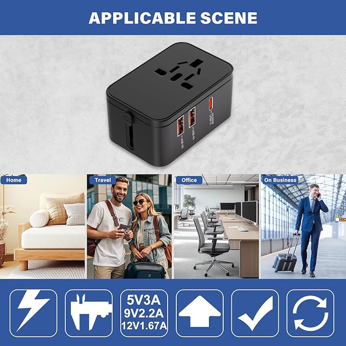 Travel Adapter Fast Charge,Worldwide All in One Universal Travel Adapter with PD3.0 Type C & USB-A Quick Charging Portable Wall Charger,AC Power Converters for USA UK EU AUS-Black