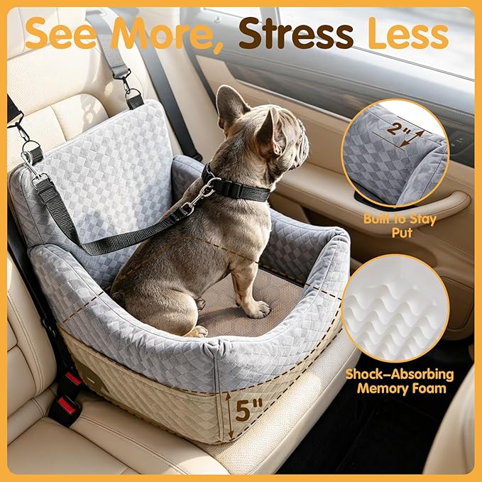 Topmart Dog Car Seat for Small Medium Dogs Under 35lbs, Memory Foam Safety Dog Booster Seat for Front & Back Seat, Cozy Pet Bed for Car with Safety Tether, Storage Pockets, Machine Washable Cover