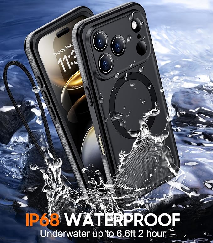 Magnetic Compatible with iPhone 17 Pro Max Case,Waterproof Built-in Screen & Camera Protector IP68 Underwater Full Body 17FT Military Dropproof Shockproof Phone Case 6.9"-Gray/Black