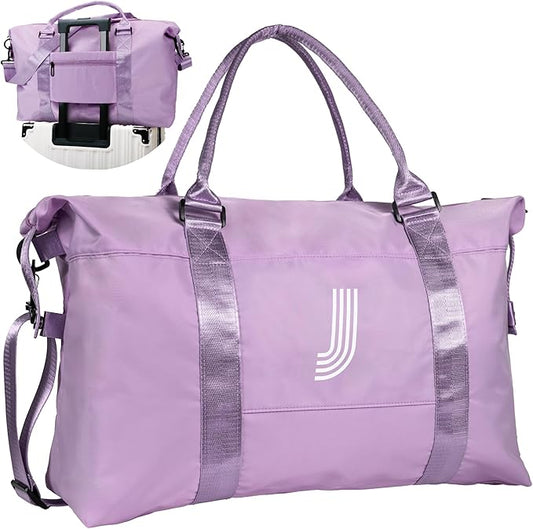 Initial Travel Duffel Bag, Sports Gym Bag, Personalized Weekender Bag with Shoulder Strap, Graduation Gift Monogram Overnight Bag for Women with Trolley Sleeve & Wet Pocket, J, Purple