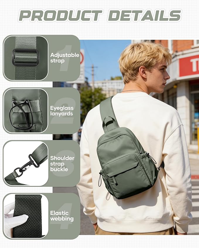 Small Green Sling Crossbody Bag for Men Women, Tactical Backpack Shoulder Daypack Mini Anti-Theft Cross Body Motorcycle Chest Bags, Small One Strap Fanny Back Pack for Casual Travel Hiking Sport Gym