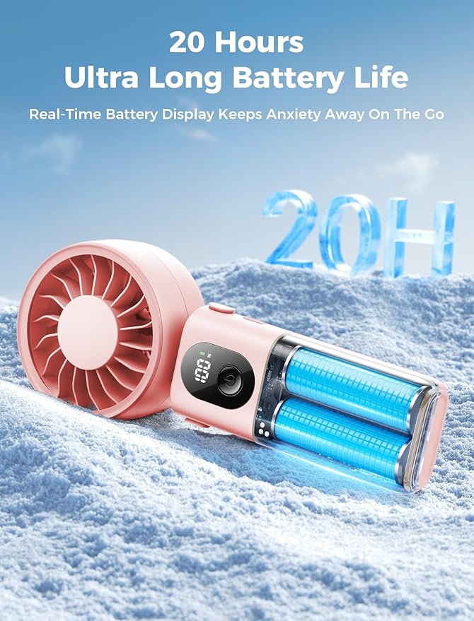 Aecooly Mighty Portable Handheld Fan | 20H Max Cooling Time | 3 Flexible Modes | 5 Speeds Wind | Battery Level Display | USB Rechargeable Mini Personal Battery Powered, Gifts for Women, Travel -Pink