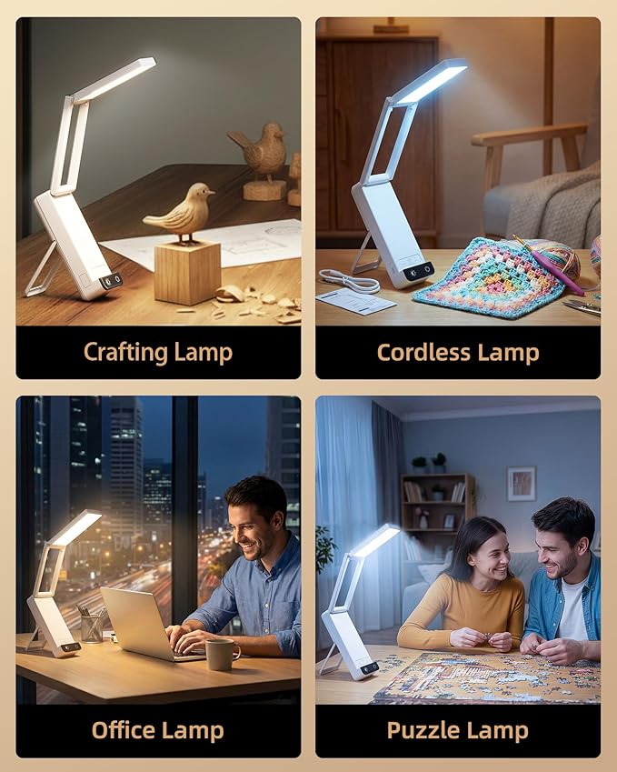 EZVALO Rechargeable Desk Lamp, 6000mAh Battery Wireless Light, Cordless Table Lamp for Book Reading, Foldable Mini Lamps & Portable, 3-Color Dimmable Small Light for Bed, Nail Lamp, Craft, White