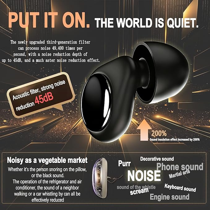 Ear Plugs for Sleeping, 45dB Noise Cancelling & Reusable Silicone Earplugs - Noise Reduction for Snoring, Concerts, Airplane Travel, Side Sleepers, Includes 6 Tips (Obsidian) (Black)
