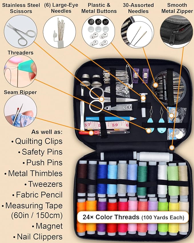 Vellostar Sewing Kit for Adults & Beginners – Portable Needle & Thread Travel Kit w/ 24 Thread Colors, Needles, Scissors & Sewing Supplies for Emergency Clothing Repairs, Buttons, & Home Mending