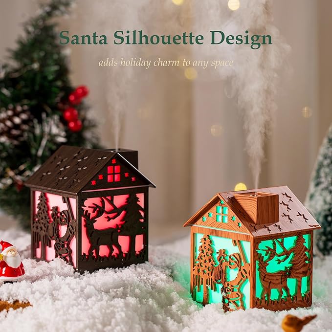 Mini Christmas Humidifier, 240ml Cool Mist Wooden House Humidifier with Santa Silhouette, 7-Color LED Lights, USB Powered, Quiet & Auto Shut-Off for Bedroom Home Office (Light Wood)
