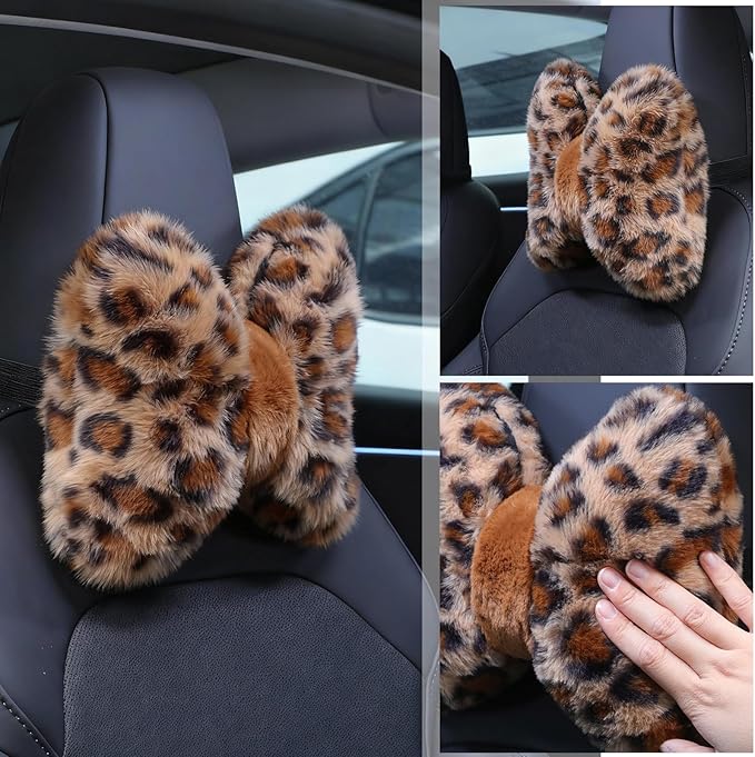 Macarrie 2 Pcs Car Neck Pillow Velvet Bow Headrest Pillow Soft Comfortable Seat Neck Support Cute Bow Car Accessories for Driving Travel Driver Chair Girl Style Interior Decor (Leopard)