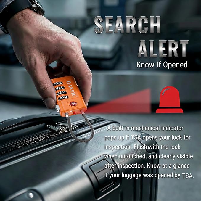 ANVIL TSA Approved Luggage Locks with Search Alert Indicator, 4-Digit Combination Suitcase Lock, Advanced TSA008 Core Heavy Duty Anti-Theft Travel Lock for Double Zippers, Backpacks
