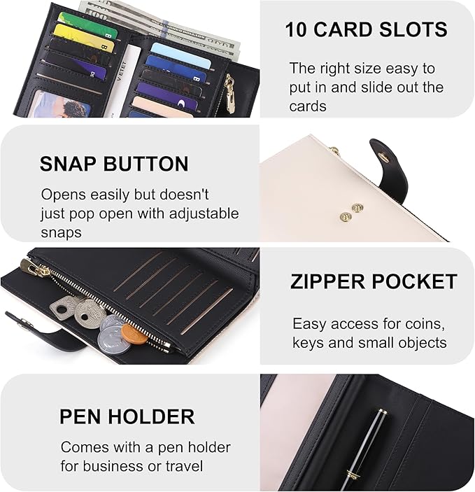 yiijay Wallet Women RFID Blocking Multi Cards Wallet Credit Card Holder for Women Large Capacity Lady Leather Trifold Travel Wallet with Pen Holder