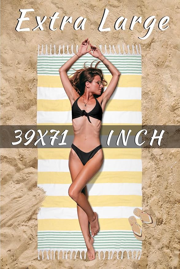 cabanana Turkish Beach Towel Oversized - 40"x70" Quick Dry Sand Free Thin Beach Towels for Adults,Extra Large Cotton Lightweigh Travel Towel for Beach Accessories (Yellow Turquoise)