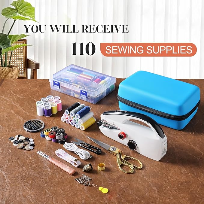 Handheld Sewing Machine Heavy Duty, with Blue Leather Storage Case and 110-Piece Sewing Kit, Mini Portable, Ideal for Adults & Beginners, Complete Set of Quick Home Clothing Repair Tools, Good Gift