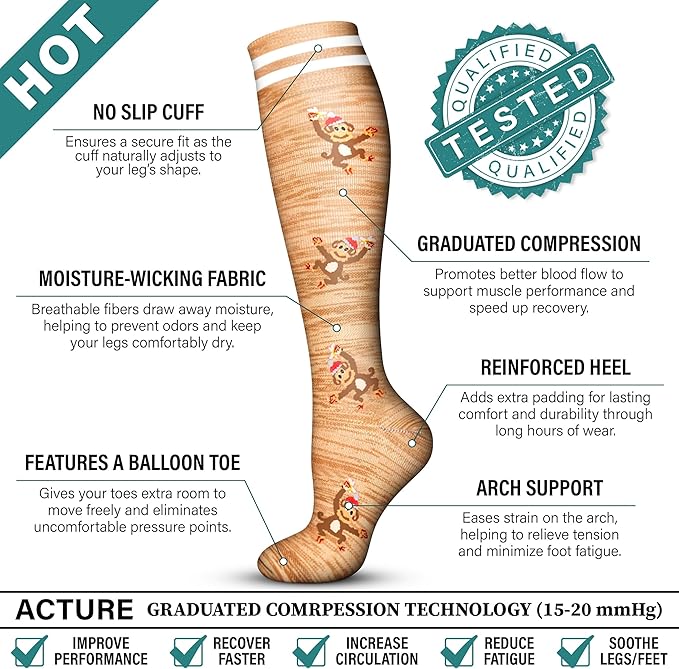 Acture 6 Pack Compression Socks for Women and Men - Knee High for Medical, Running, Nurses, Travel