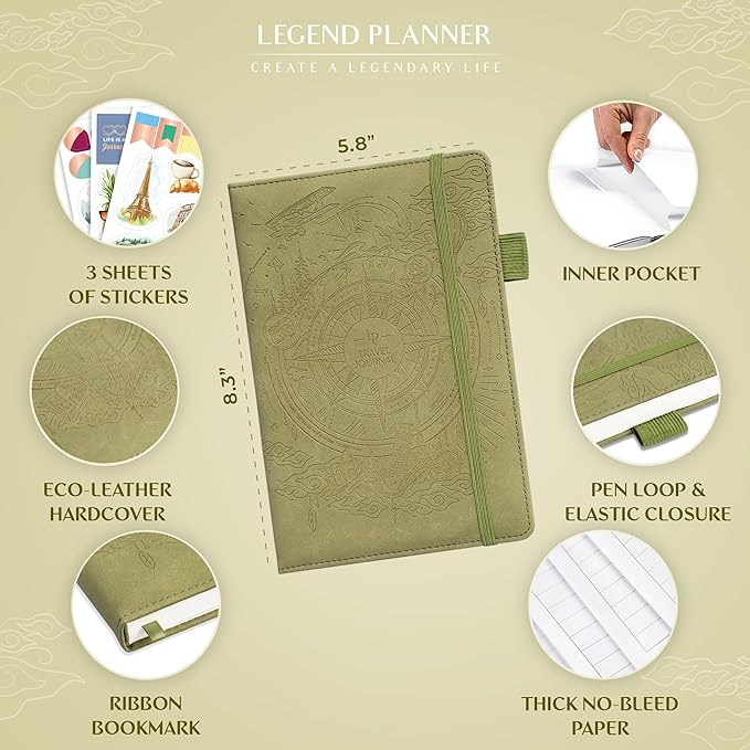 Legend Vintage Travel Journal – Traveling Diary & Photo Album for Men, Women & Family with Bucket List – Vacation Essentials (Olive)