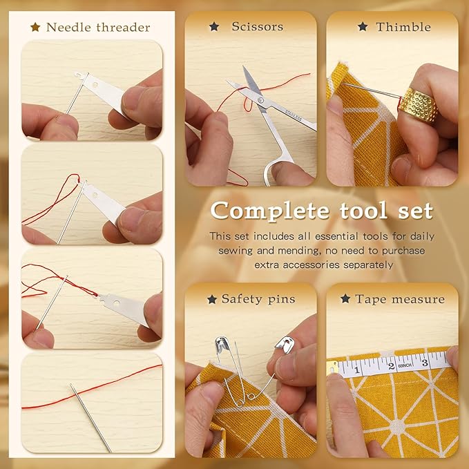 SHWAKK Sewing Kit for Adults, Stainless Steel Needles for Hand Sewing with Thimble, Threader, Thread Rippers, Big Eye Steel Needle and Thread Kit for Beginner, Traveler and DIY Crafter
