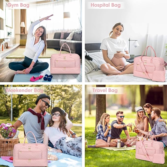 Large Women Travel Duffle Bag - Carry on Overnight Bag Weekend Travel Duffel Tote Gym Bag with Wet Pocket Toiletry Weekender Overnight Bag for Travel Business Trips Sports Hospital Pink 3 Pcs Set