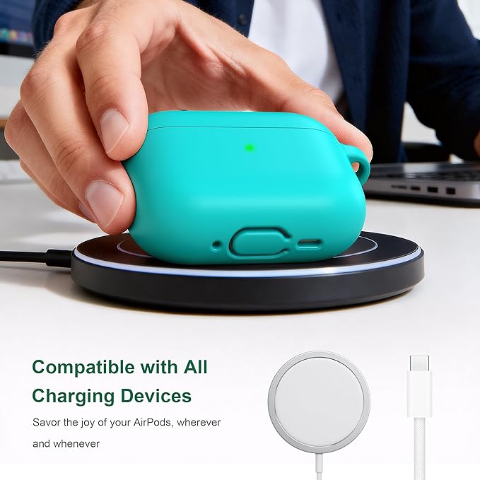 R-fun for AirPods Pro 3 Case (2025), Soft Silicone Protective Case Cover Compatible with Apple AirPods Pro 3rd Generation (USB-C Cable) for Women Men with Cleaning Kit and Keychain, Teal