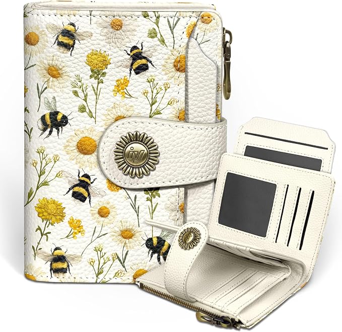 Icycay Floral Bee Small Wallet Women RFID Blocking Bifold, Credit Card Holder, Zipper Coin Pocket, PU Leather, Cute, Compact, Travel, 4 ID Window, 14 Card Slots, Cash Purse, Ladies Woman Female Girls