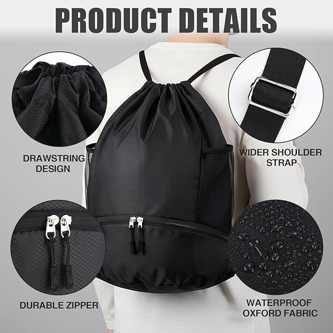 6 Pack Gym Drawstring Backpack Bags Bulk with Shoe Compartment for Sports Wet Proof Pocket for Men Women Large(Black)