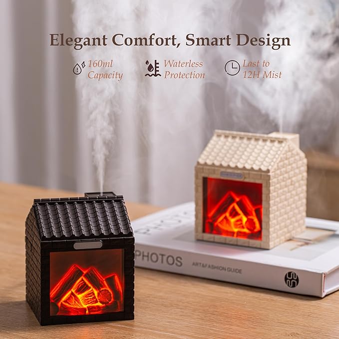 Mini Fireplace Cool Mist Humidifier with Flame Light, USB Powered, Auto Shut-Off, Portable for Bedroom Office Travel, 200ml, Beige