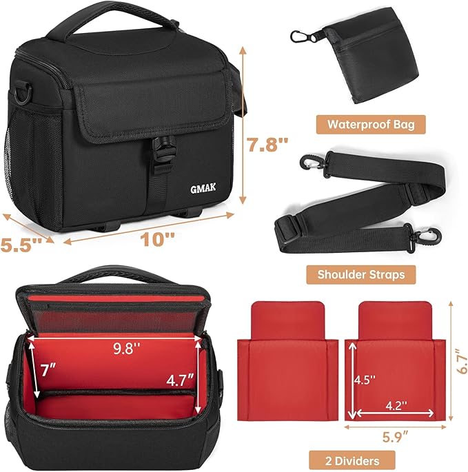 GMAK Waterproof Camera Bag for Photographers, Anti-shock Camera Shoulder Bags with Water-resistant Rain Cover, Camera Case Compatible for DSLR/SLR/Mirrorless Cameras, 9'' × 4.7'' × 7.5'', Black