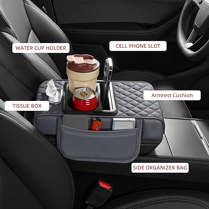 5 in 1 Car Center Console Cover, Armrest Pad with 2 Storage Pockets, Cup Holder, Tissue Slot, Phone Holder, Nappa Leather Memory Foam Car Accessories for SUV Sedan Truck (Gray)