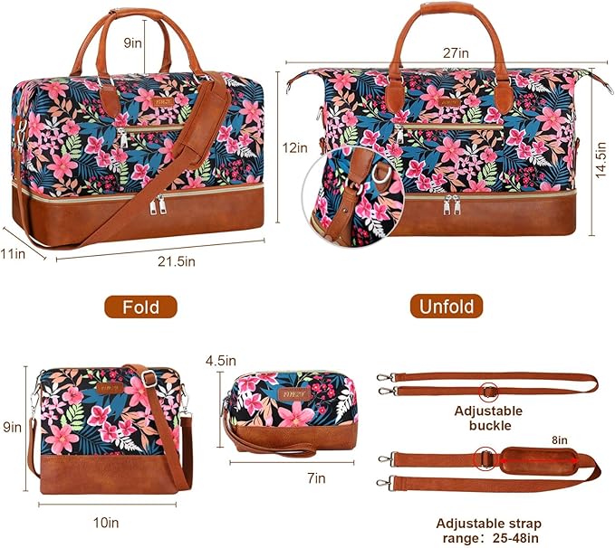 ITIEZY Weekender Overnight Bag for Women - Large Travel Duffel Bag with Shoe Compartment, Gym Duffel Bag Hospital Bag Carry On Tote Bags for Airplanes with Crossbody Bag Toiletry Bag 3Pcs Set