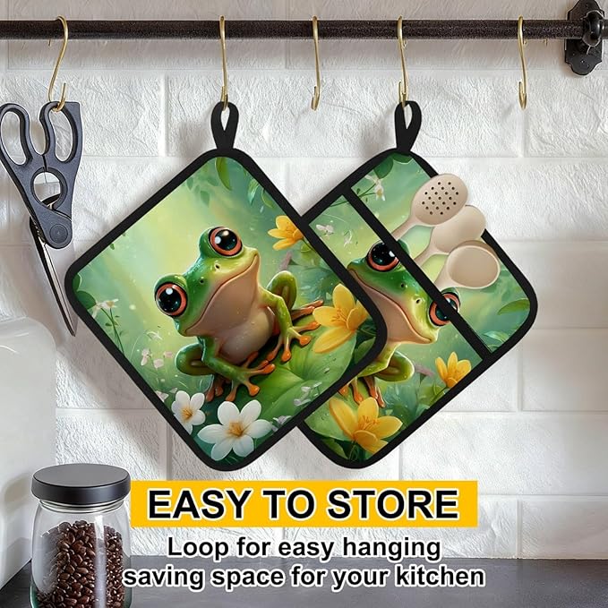 Green Cartoon Frog Pot Holders with Pockets 2 PCS, Heat Resistant Oven Mitts Hot Pads for Kitchen Baking Cooking, Square Thick Pot Holders Kitchen Hot Potholders, 8.5x10 Inches