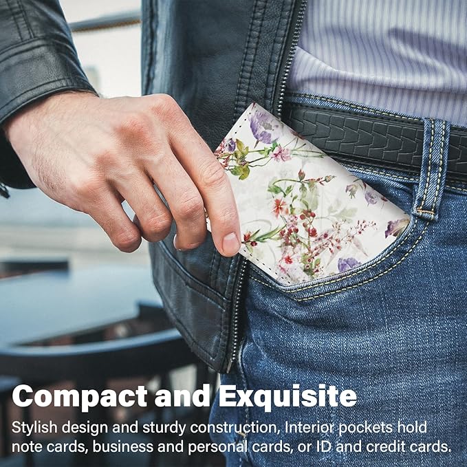Business Card Holder，PU Leather Business Card Case Color Printing Pattern Card Holder Wallet，Pockets Magnetic Credit Card Holders for Men and Women - White Flowers