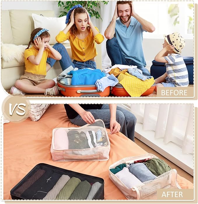 Silkfly 12 Pcs Packing Cubes for Suitcase Travel Luggage Bags Bulk Mesh Organizer Set for Hiking Camping, XL, L, M Size(Beige, Black)