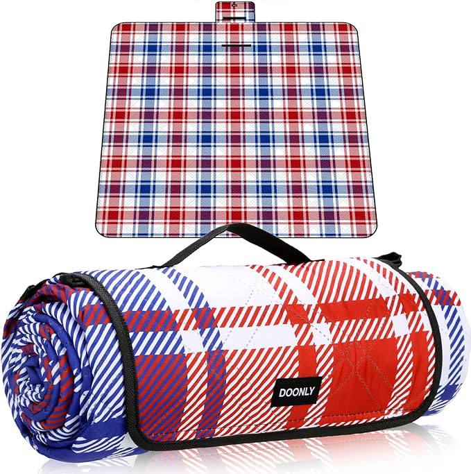 Doonly Picnic Blanket, 78" x 78" Large Waterproof Sandproof Beach Blanket, Foldable Outdoor Blanket Picnic Mat for Beach, Camping, Park, Grass, Lawn, Travel, Patriotic Red White and Blue
