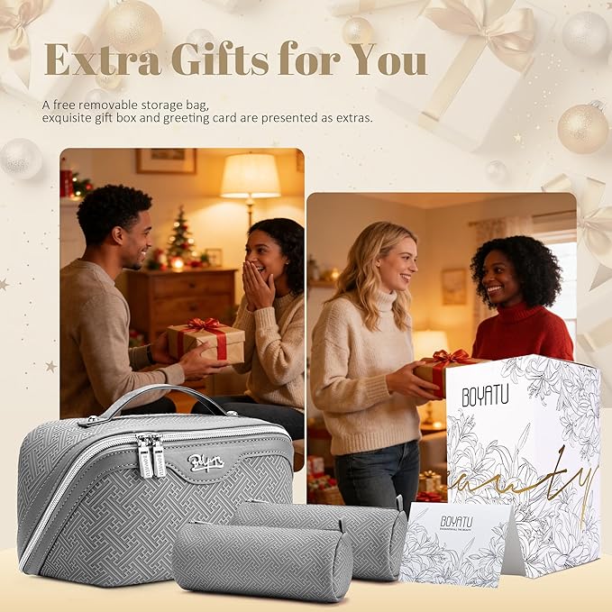 BOYATU Travel Makeup Bags for Women: Vintage Roman Column Texture Large Capacity Cosmetic Bag - Each Journey, Quiet Luxury Serenity - 3 Pcs Set Organizer Toiletry Purse 50% Extra Storage(Grey)