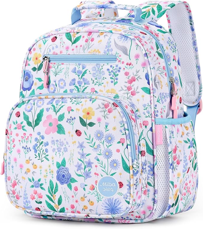 mibasies Kids Backpack for Girls: Girls Backpack 5-8 - Kindergarten Elementary School Bookbag for Girl - Floral Sky Blue