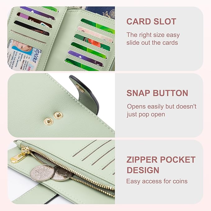 yiijay Wallets for Women RFID Blocking Leather Trifold Clutch Wallet Credit Card Holder Ladies Travel Wallet Purse with Pen Holder