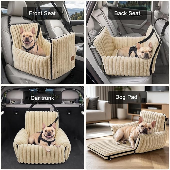 MIXJOY Dog Car Seat for Small/Medium Dogs up to 25 lbs, Multi-Functional Dog Carrier for Car with Detachable Washable Cover, Pet Travel Bed with Clip-On Safety Leash, Brown