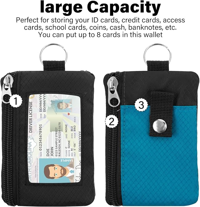 Minimalist RFID Wallet with Lanyard, Multi-Functional ID Case with 2 Zipper Pockets and Key Chain for Men and Women, Tactical Badge Pouch Cards Holder, Coin Purse for Travel Sports - Black&Blue
