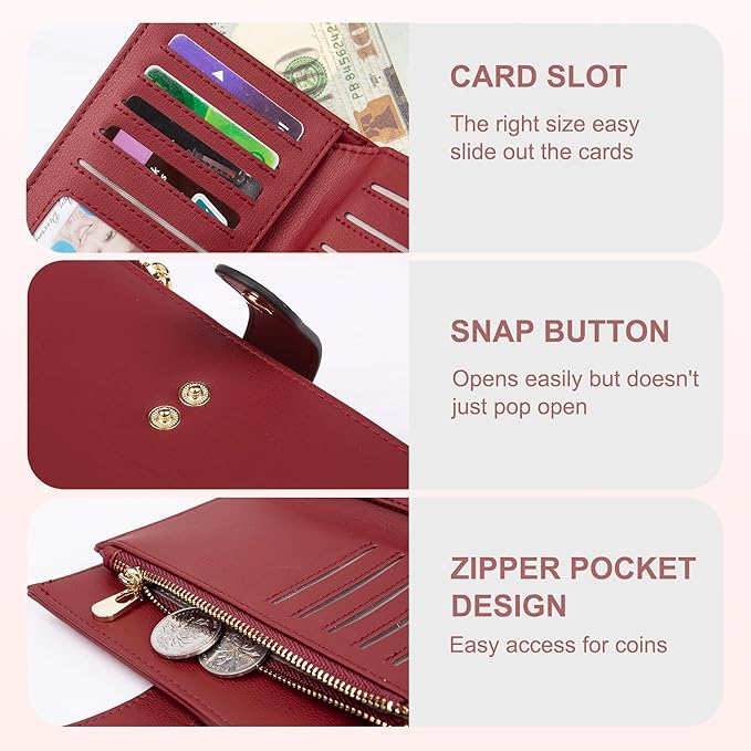 yiijay Womens Wallet RFID Blocking Leather Trifold Clutch Wallet Credit Card Holder Ladies Travel Wallet Purse with Pen Holder
