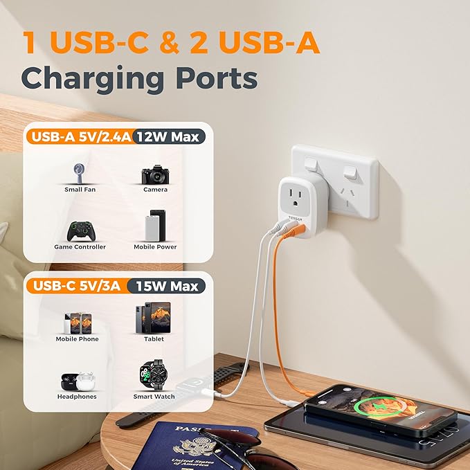 2 Pack New Zealand Power Adapter, TESSAN US to Australia Plug Adapter with 1 Electrical Outlet 3 USB Ports (1 USB C), Type I Travel Outlet Adaptor for USA to Australian Argentina China Fiji AU
