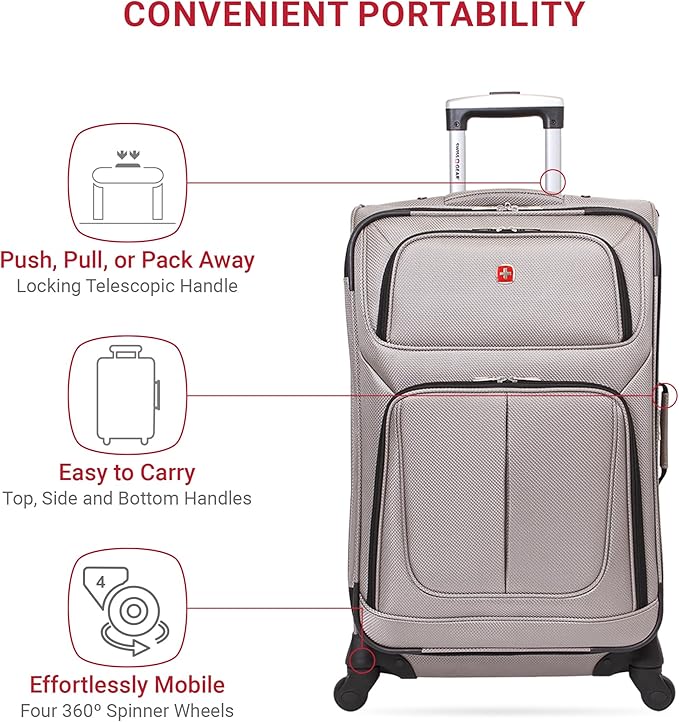 SWISSGEAR Sion Softside Expandable Spinner Luggage Durable Lightweight Travel Suitcase, Pewter, Checked-Medium